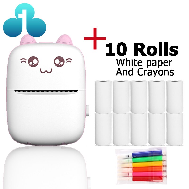 Mini Portable Thermal Printer CAT Print Paper Photo Pocket Thermal Printer 58mm Printing Wireless Bluetooth Android IOS Printers: PINK PLUS 10 PAPER
