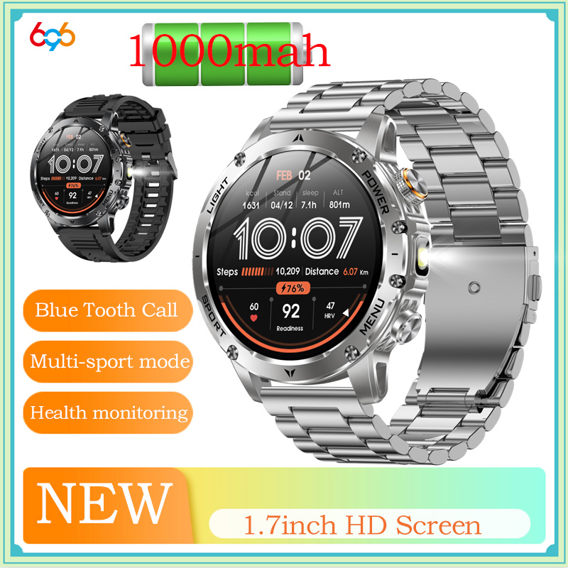 Nuovo Smartwatch Sport all'aria aperta Torcia SOS Chiamate wireless Orologi dente blu Frequenza cardiaca Meteo Musica Orologio intelligente impermeabile