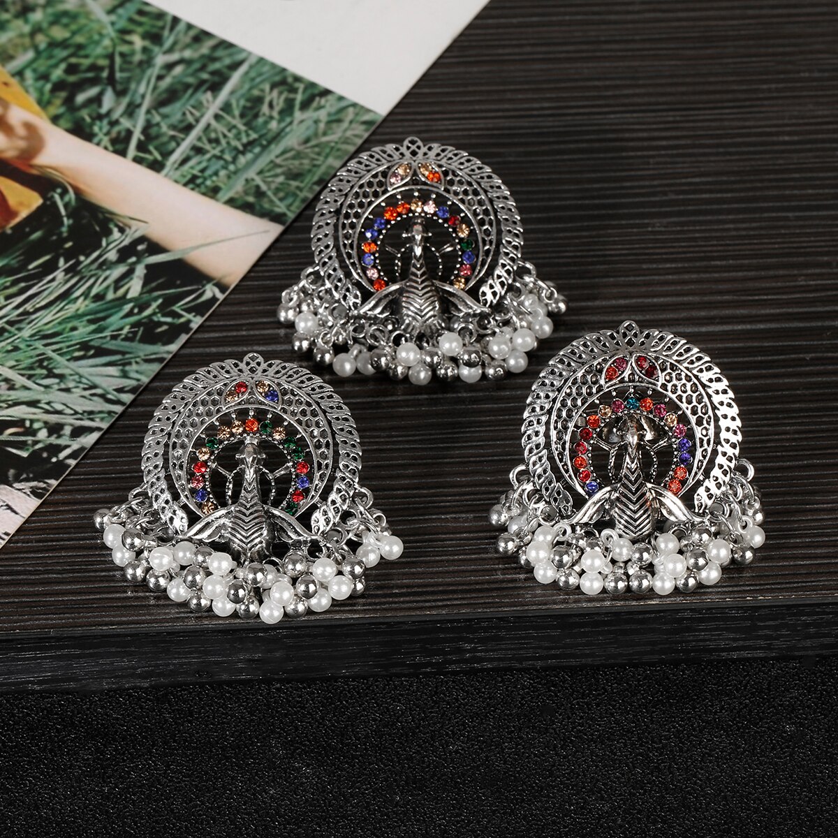 Dam & #39 ;s klassiska silverfärgade pärlörhänge/ringset bijoux bröllopssmycken galgar bohemia röda pärlor jhumka örhängen galgar: Stil 8
