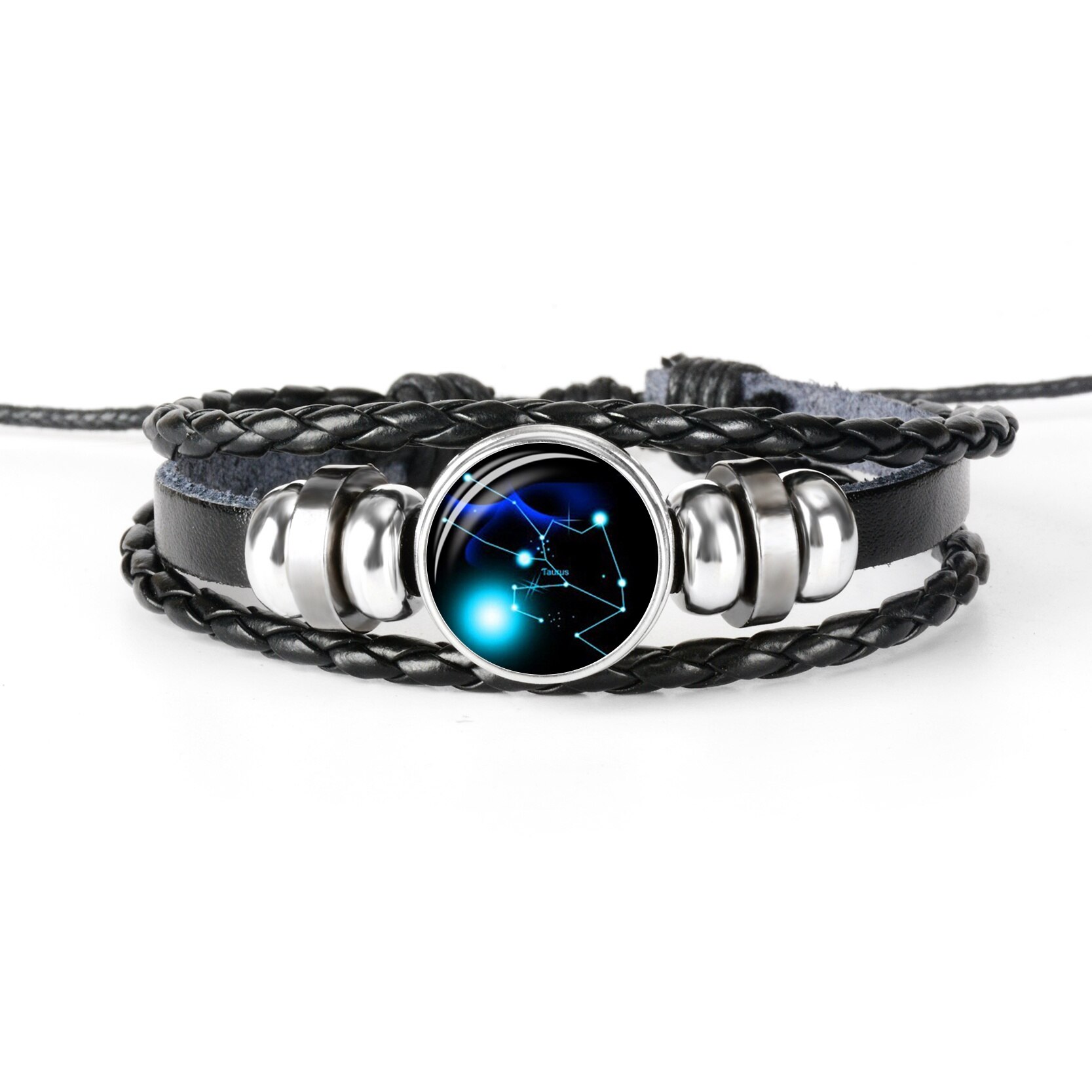 Zodiac Bracelet Charm Diy Jewelry Constellation Glass Metal Buckle Black Multilayer Leather Bracelet Women Men: Taurus