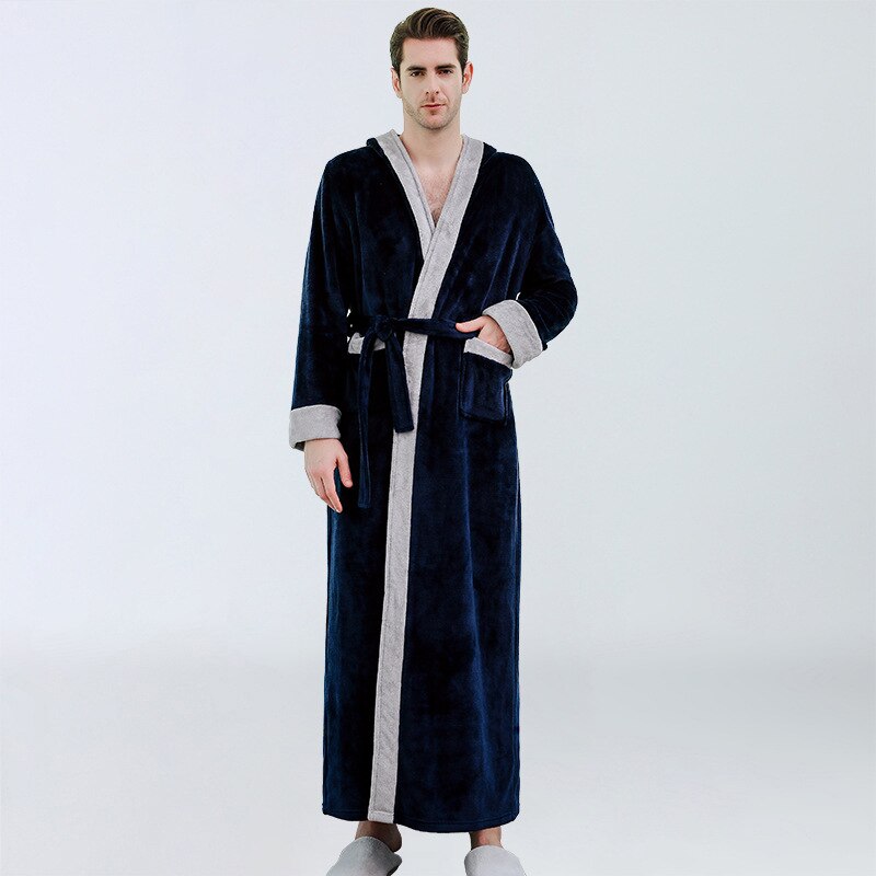 Mannen Kimono Gewaad Japanse Winter Pyjama Pluche Verlengd Sjaal Badjas Home Kleding Lange Mouwen Gewaden Jas Mannelijke Hombre: navyblue / M