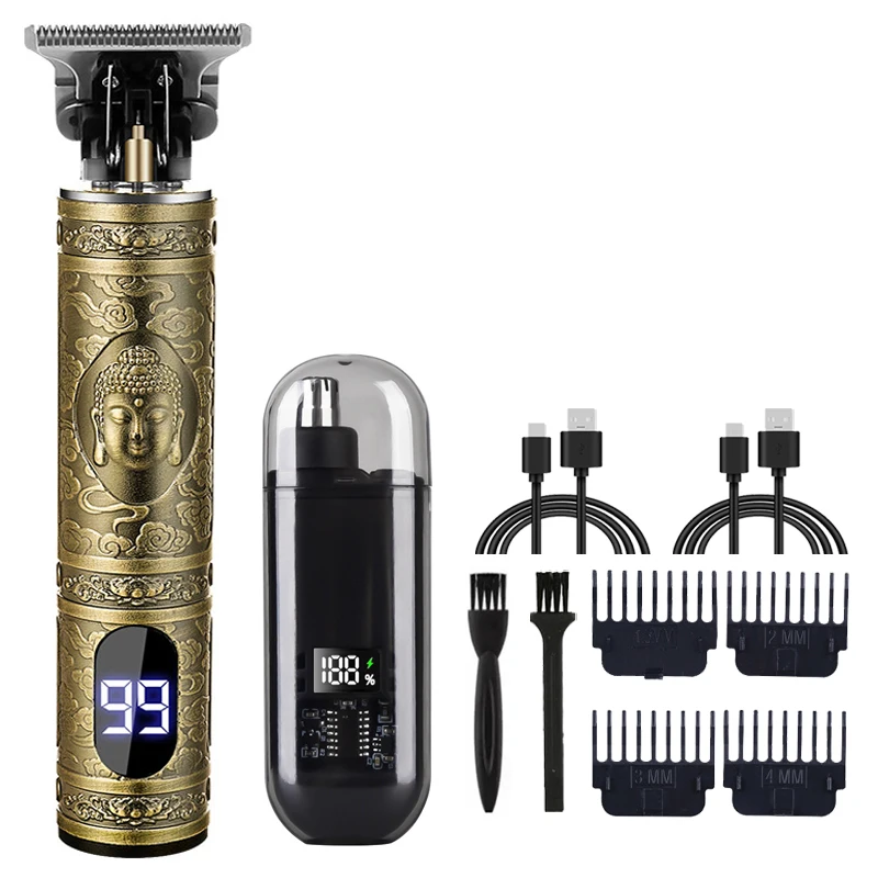 Vintage T9 Barber Clipper - Dragon Engraved Trimmer, Grade USB Fast Charge for Men's Hair/Beard/Body Grooming: WHITE