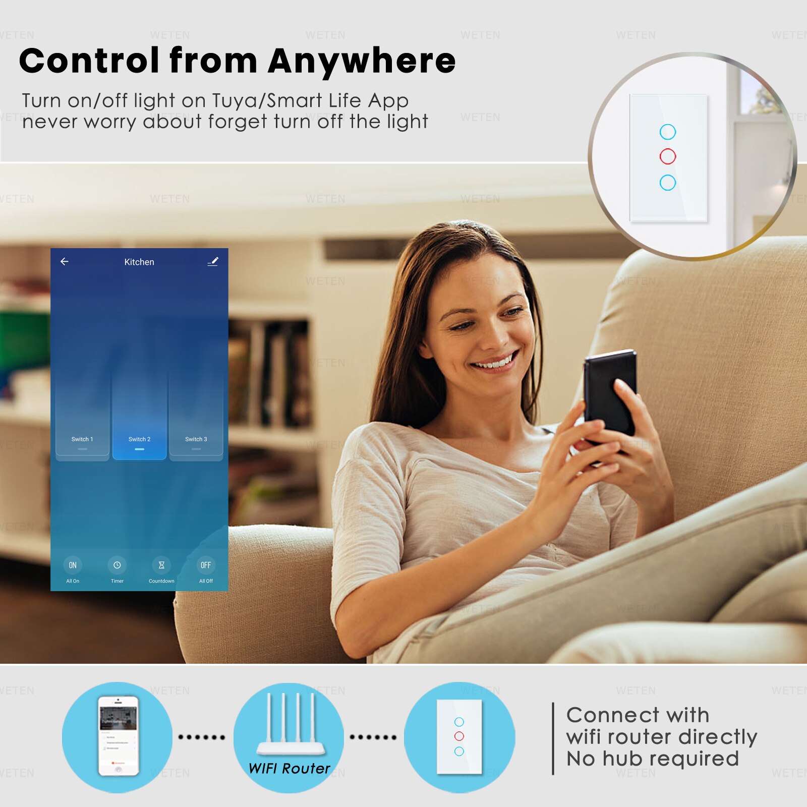 Interrupteur Mural Connecté WiFi SONOFF (modèle T3) - Tactile, Noir, Compatible Google Home