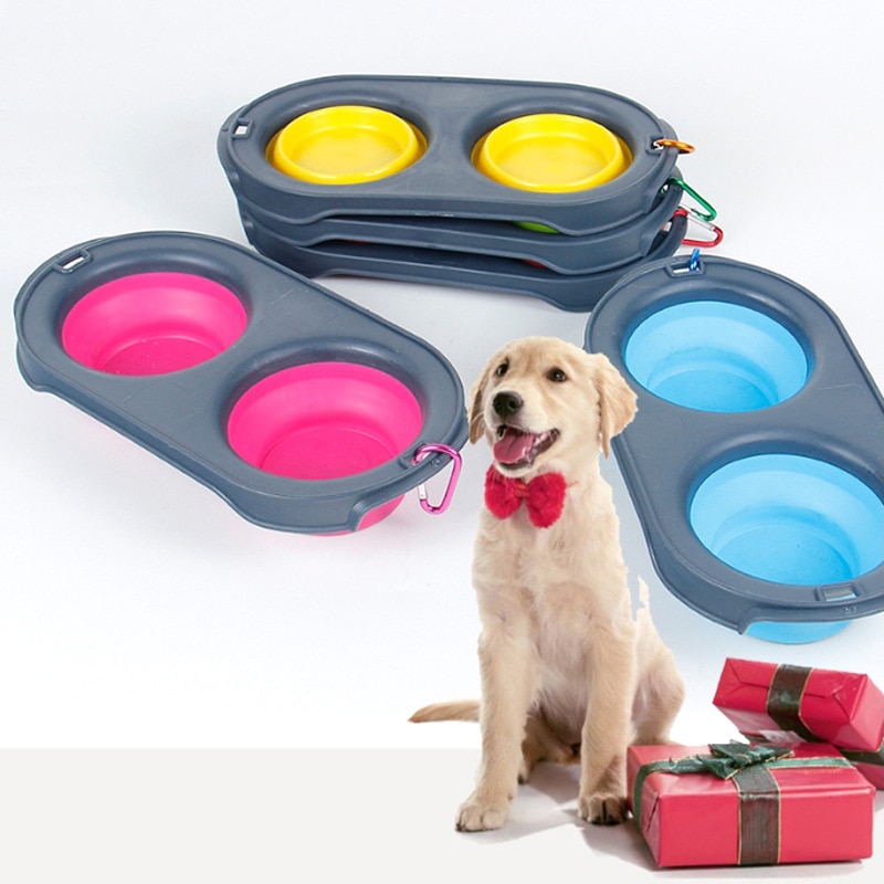 Bol doble para perro plegable de silicona, maceta de perro y gato, bote antideslizante, tazón individual, portátil