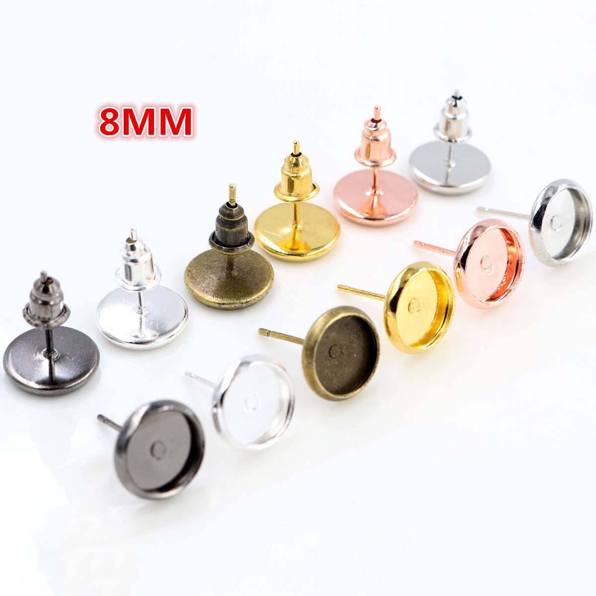 100 Stks/partij 8 Mm Koper Metalen 6 Kleur Oorstekers Earring Base Bevindingen Cabochon Instellen Accessoires (Gratis terug)