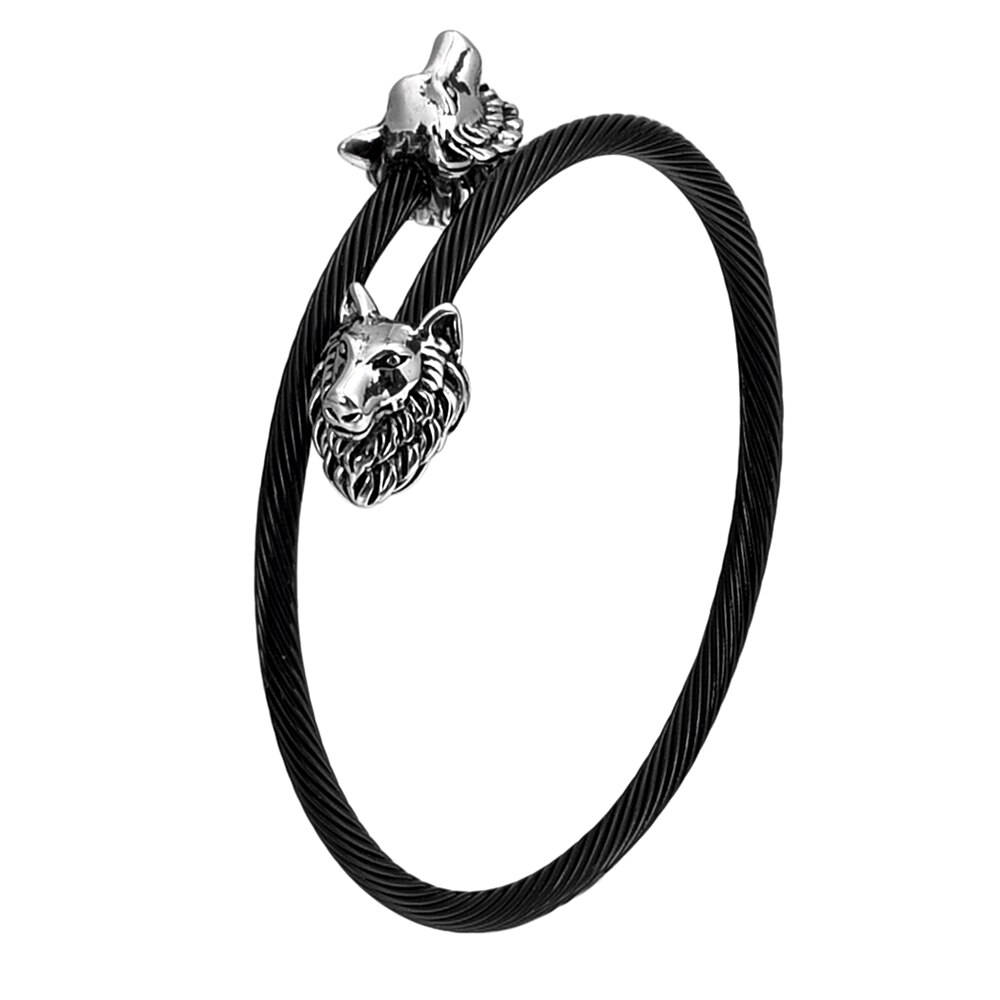 Trendy testa di lupo fascino in acciaio inossidabile corda di canapa fibbia braccialetti aperti bracciale a croce per uomo donna gioielli Unisex: black 