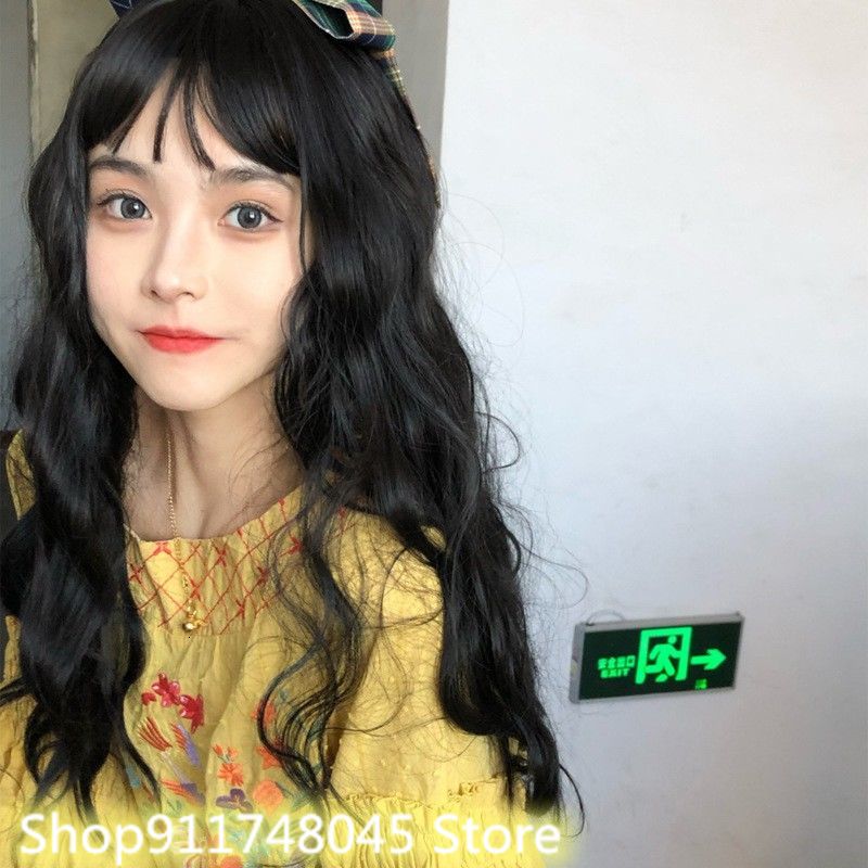 Peluca de cabello largo rizado largo para mujer, pelo negro con ondas de agua, flequillo de aire, lana rizada