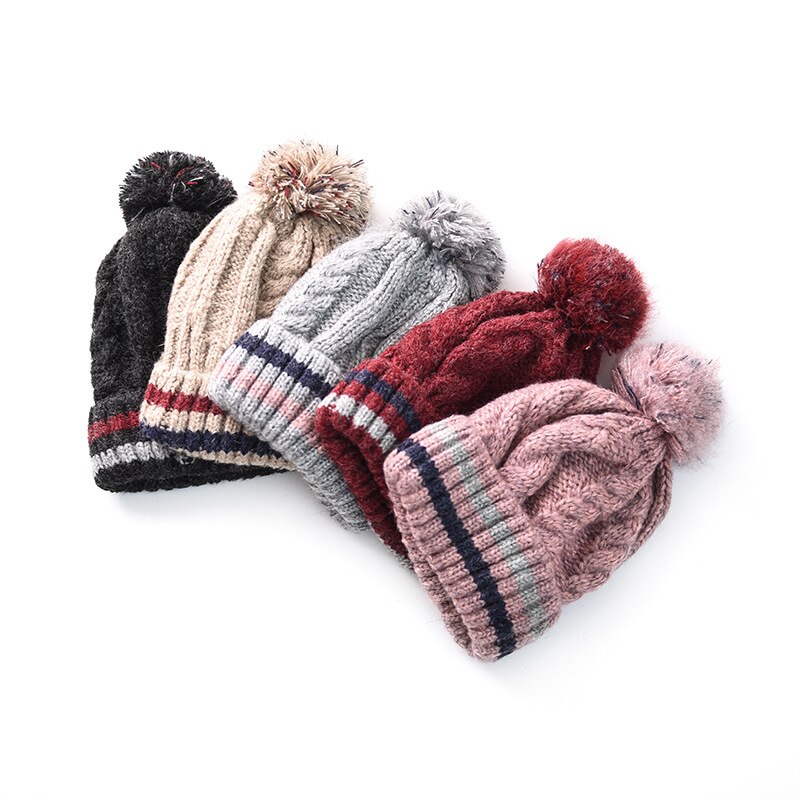 Winter warm Korean Hats for women striped woolen hat thickening plus pompon ball cap outdoor hemp pattern knitted hat