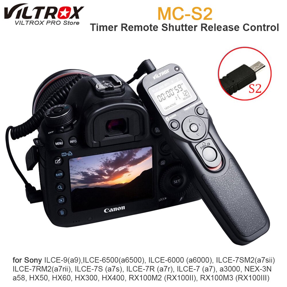 VILTROX Timer Remote Control Shutter Intervalometer with S2 Cable for SONY alpha A7RII A7MII A7SII RX100III IV RX10 A6500 A6300