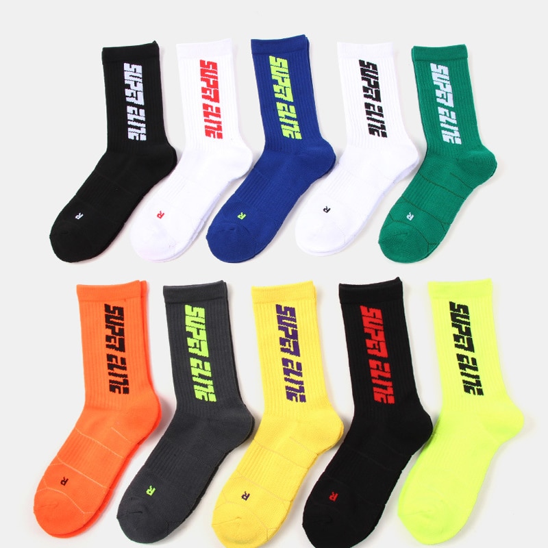 4 Pairs Sports Socks Crazy Letter Men Basketball Cycling Running Hiking Navy Sock Set With Terry Shock Absorption Walking Sock