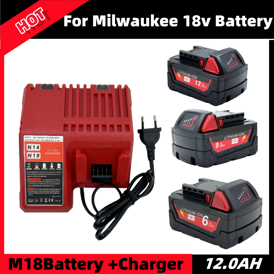 100% para batería de herramienta eléctrica Milwaukee M18 + cargador, BR,XC,18V, 6,0/9.0/12.0AH M18B5, 48-11-1860, batería integrada 18650