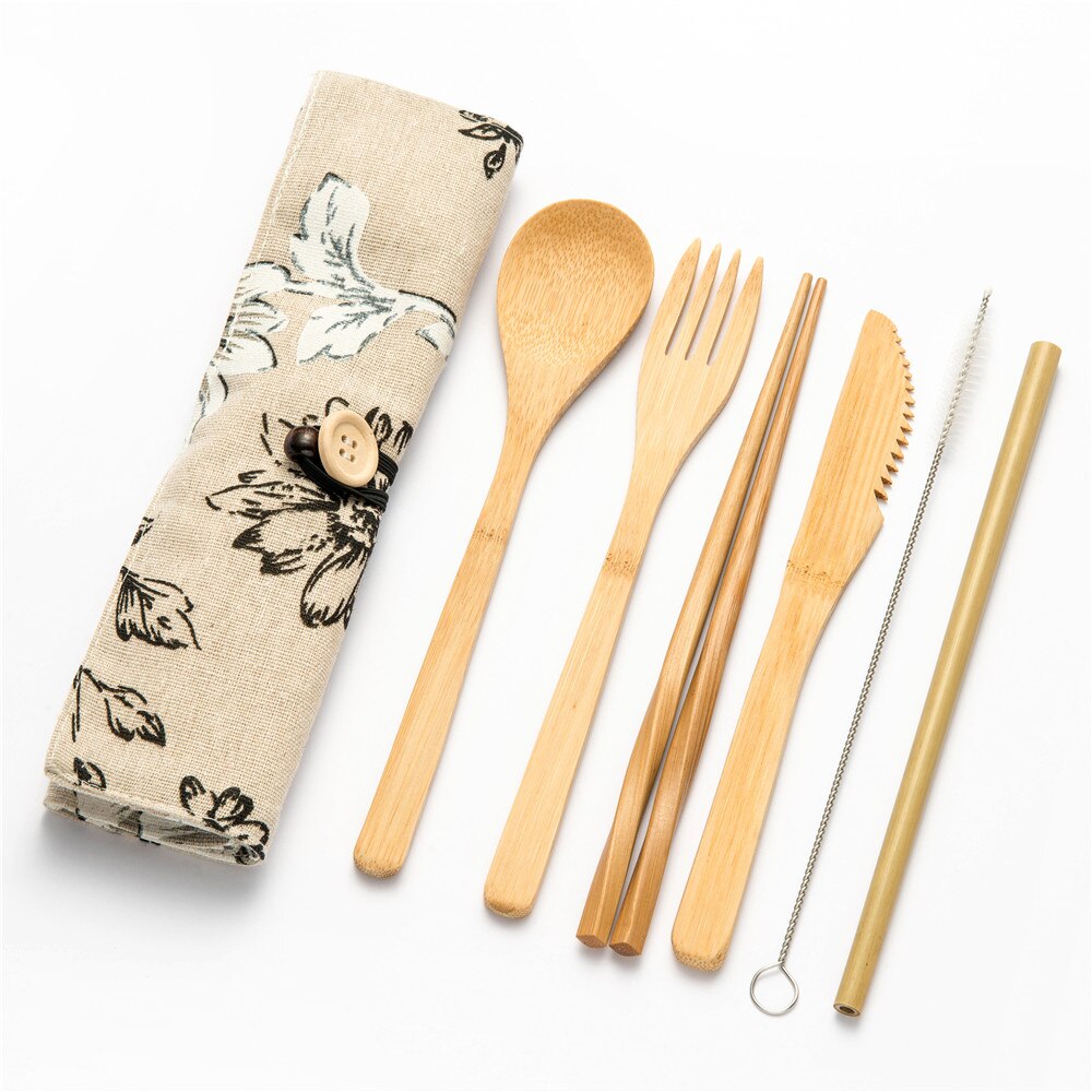 Eco-vriendelijke Reizen Herbruikbare Draagbare Bamboe Bestek Set Lepel Vork Eetstokje Sets 6 stks/set Straw Keuken Voedsel Servies Set: 7pcs set004