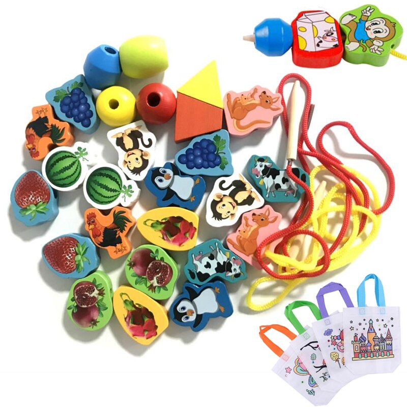 26Pcs Wooden Toys Baby DIY Toy Cartoon Fruit Animal Stringing Threading Wooden beads Toy Monterssori Educational for Kids GYH