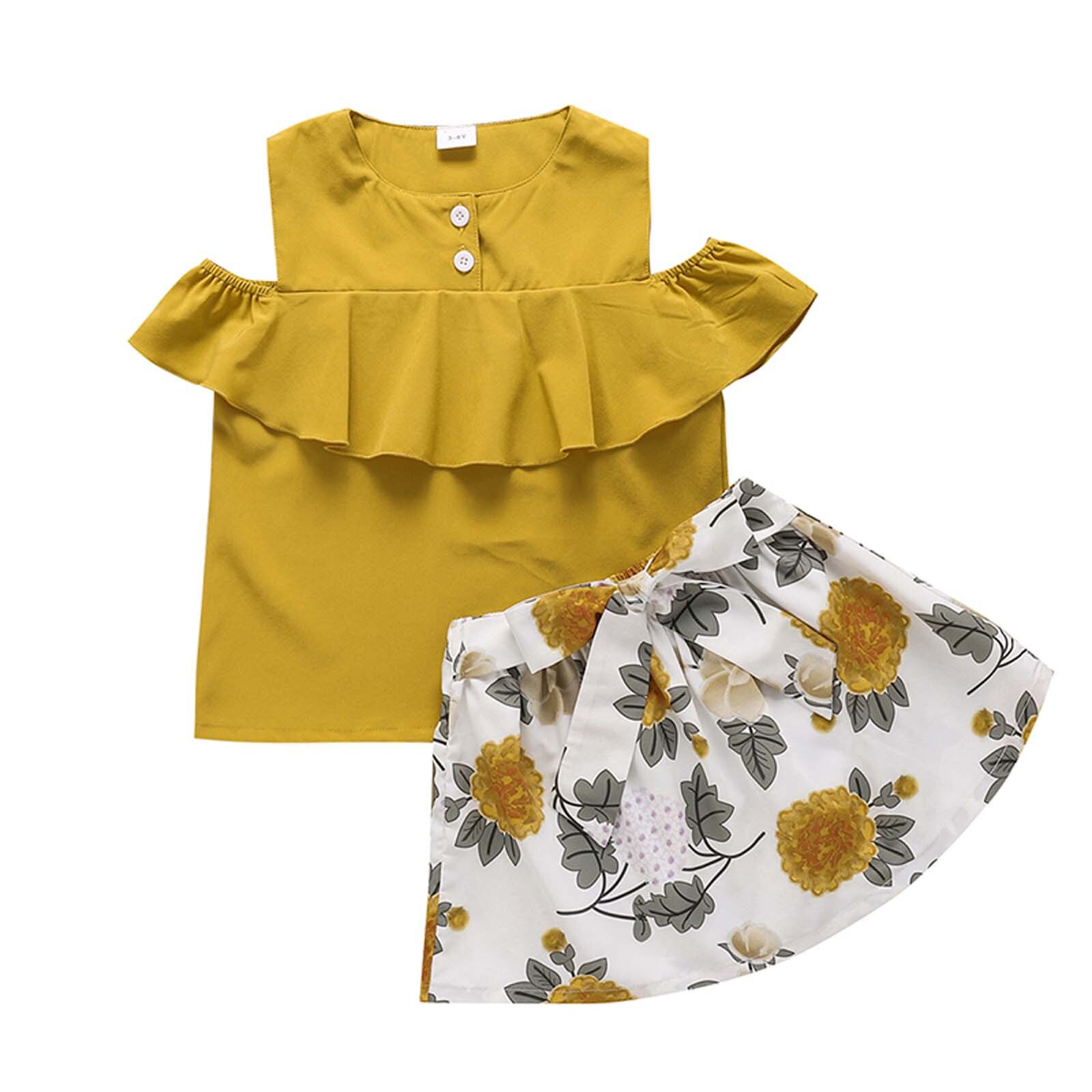 Childern Clothes Toddler Kids Baby Girls Summer Sweet Vest Bow Print Skirt Clothes Set Kids Clothing 2PCS Outfit Set: Yellow / 3 Years