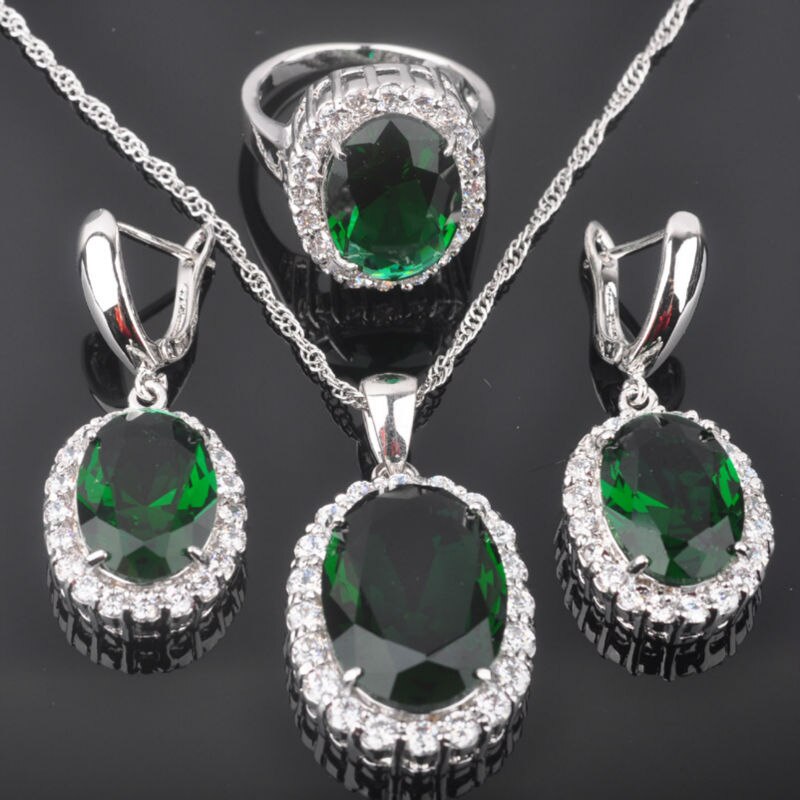 Bridal Jewelry Sets Women's Wedding Silver Color Green Crystal Ring Necklace And Earrings Set QZ0458