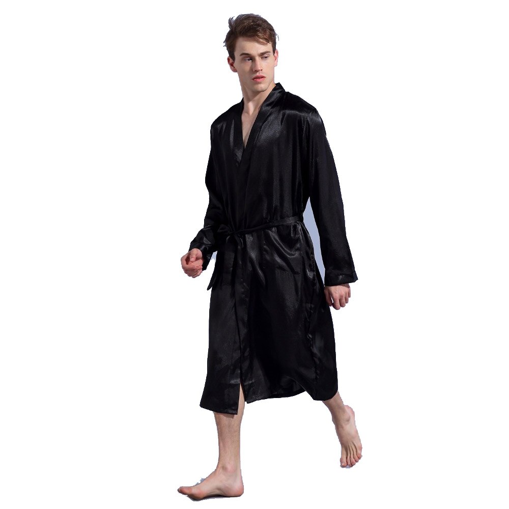 Marineblå badekåpe uformelt natttøy ночное платье pyjamas løs fritid herre nattøy rayon sateng kappe kjole fast kimono: Svart / M