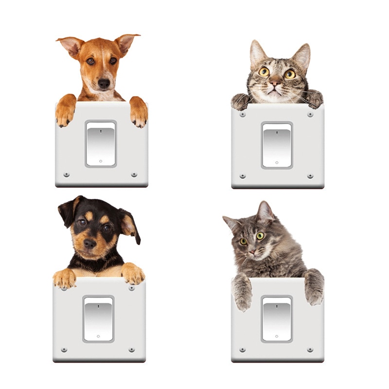 Zeer leuke 3D Kat en Hond Schakelaar stickers PVC Verwijderbare Muursticker Vinyl voor Slaapkamer woonkamer Home Decor Decals socket pasta