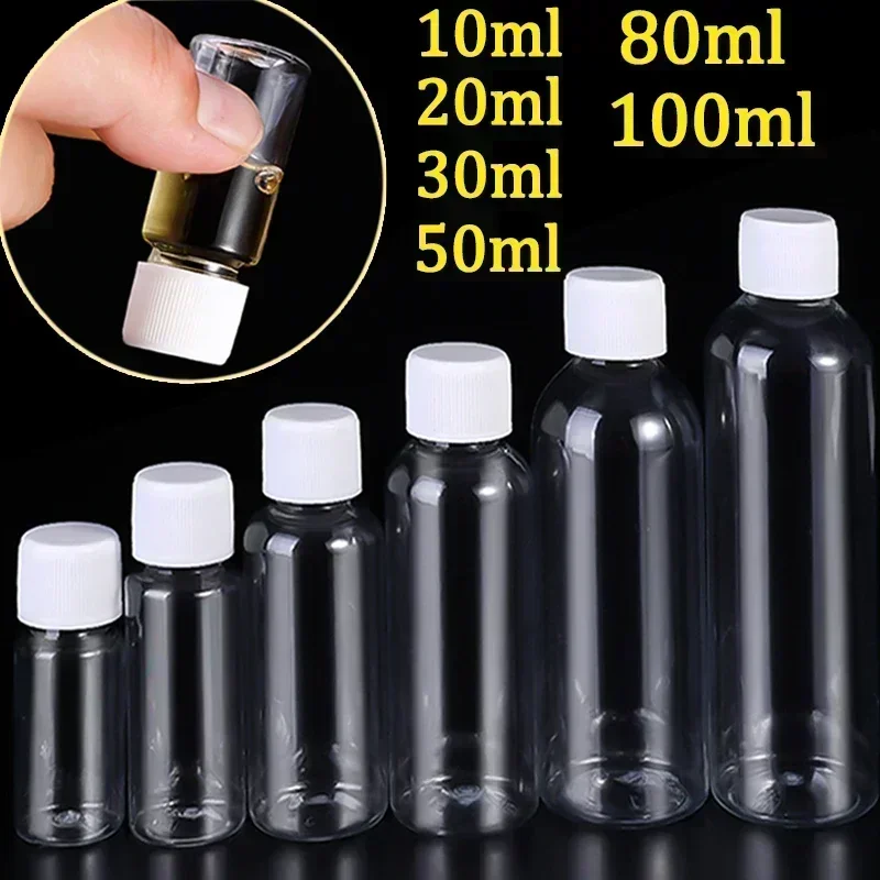 1/10 pezzi bottiglie riutilizzabili 10ml 20ml 30ml 50ml 80ml 100ml plastica animale domestico trasparente bottiglie vuote con sigillo contenitori per campioni con tappo a vite