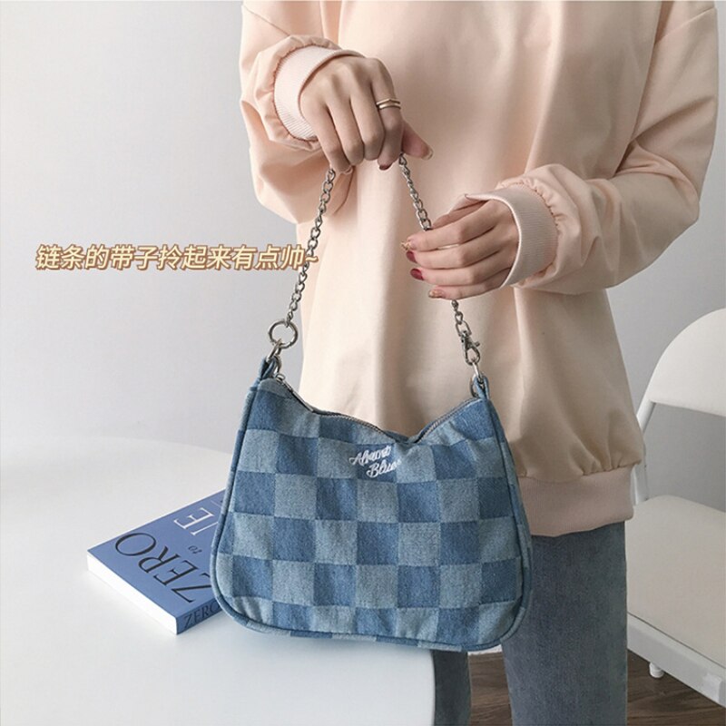 Retro Plaid Frauen Denim Hobos Schulter Taschen Damen Kette Unterarm Tasche Vintage Weibliche Mädchen Kleine Geldbörse Handtaschen