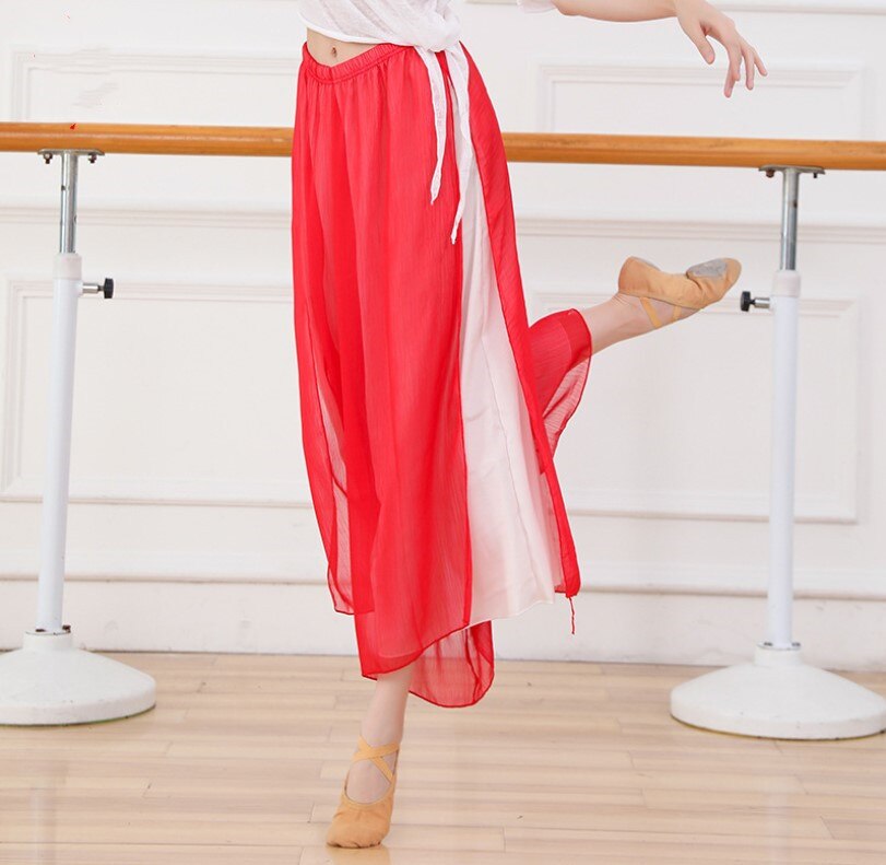 Pantalon Long léger avec fente latérale pour femme, sarouel ample à deux couches, couleur contrastée, tenue d'entraînement pour danseuse, rouge-blanc: Red