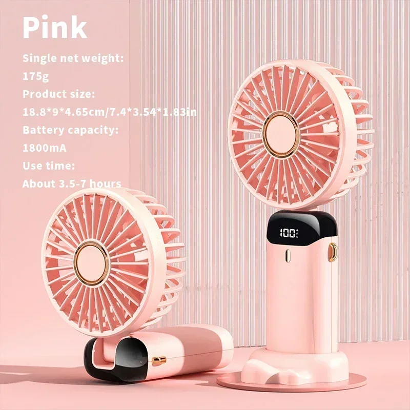 USB-Hand-Mini-Ventilator, faltbar, tragbar, zum Aufhängen bin Hals, 5-Gang-USB-wiederaufladbarer Ventilator mit Telefonständer und Bildschirm: Rosa