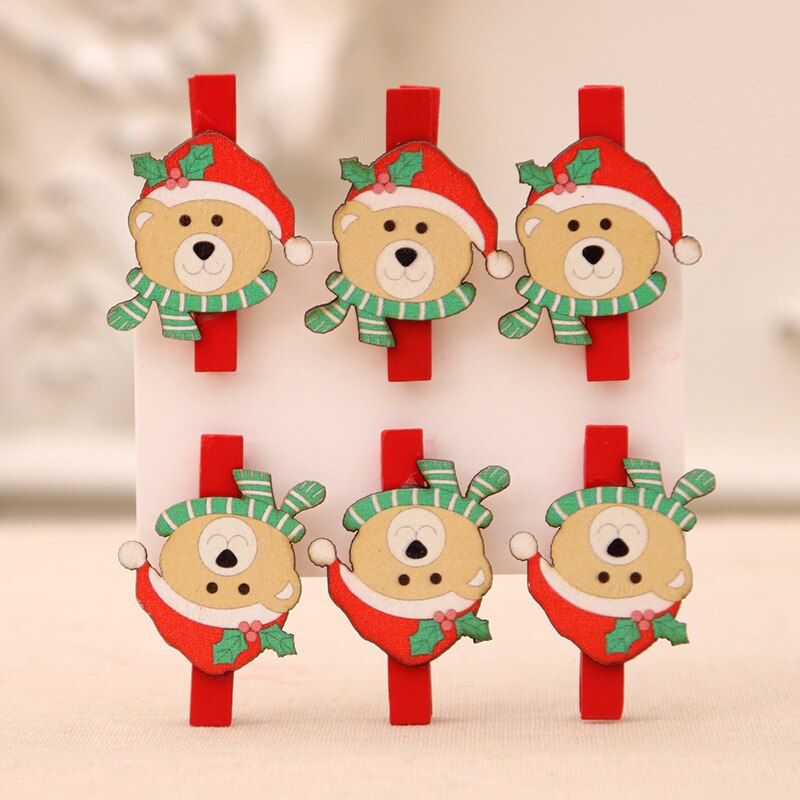 6 stuks kerstman eland houten clips rode kerstdecoratie clip mini houten fotopapier pin knutselclips kinderen: Beer