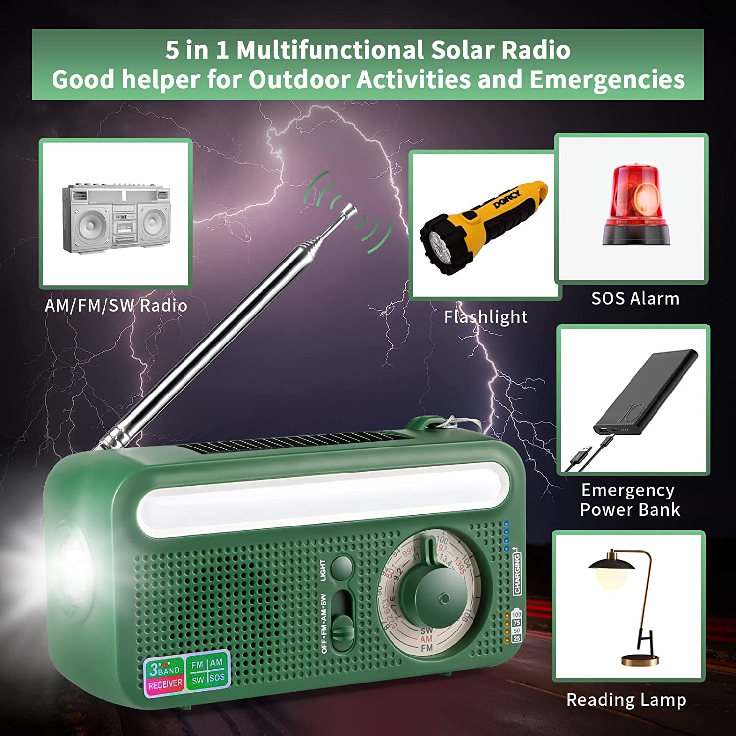 Radio de mano recargable con energía Solar, lámpara de lectura con linterna, Batería Externa de 2000mAh, alarma de SOS, AM/FM/SW