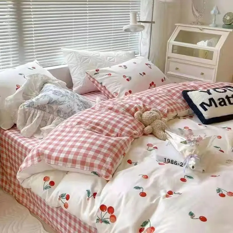 Juego de ropa de cama de cereza para niñas y niños, funda de edredón sin relleno, Sábana plana, funda de almohada, ropa de cama Kawaii
