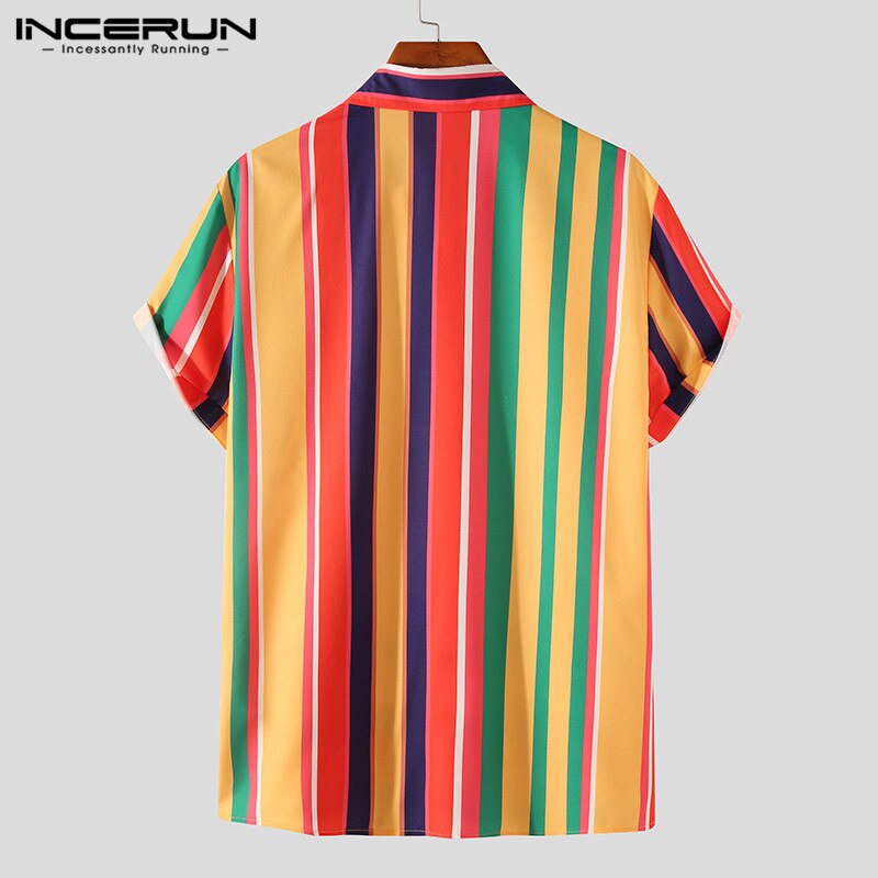 INCERUN Summer Men Striped Shirt Lapel Button Streetwear Vacation Hawaiian Shirts Short Sleeve Breathable Casual Camisa 5XL