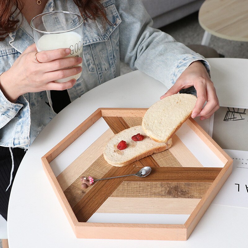 Nordic Dessert Plate Wooden Serving Tray Afternoon Tea Time Coffee Cake Plates Hexagonal Round Desserts Food Organizer Platter