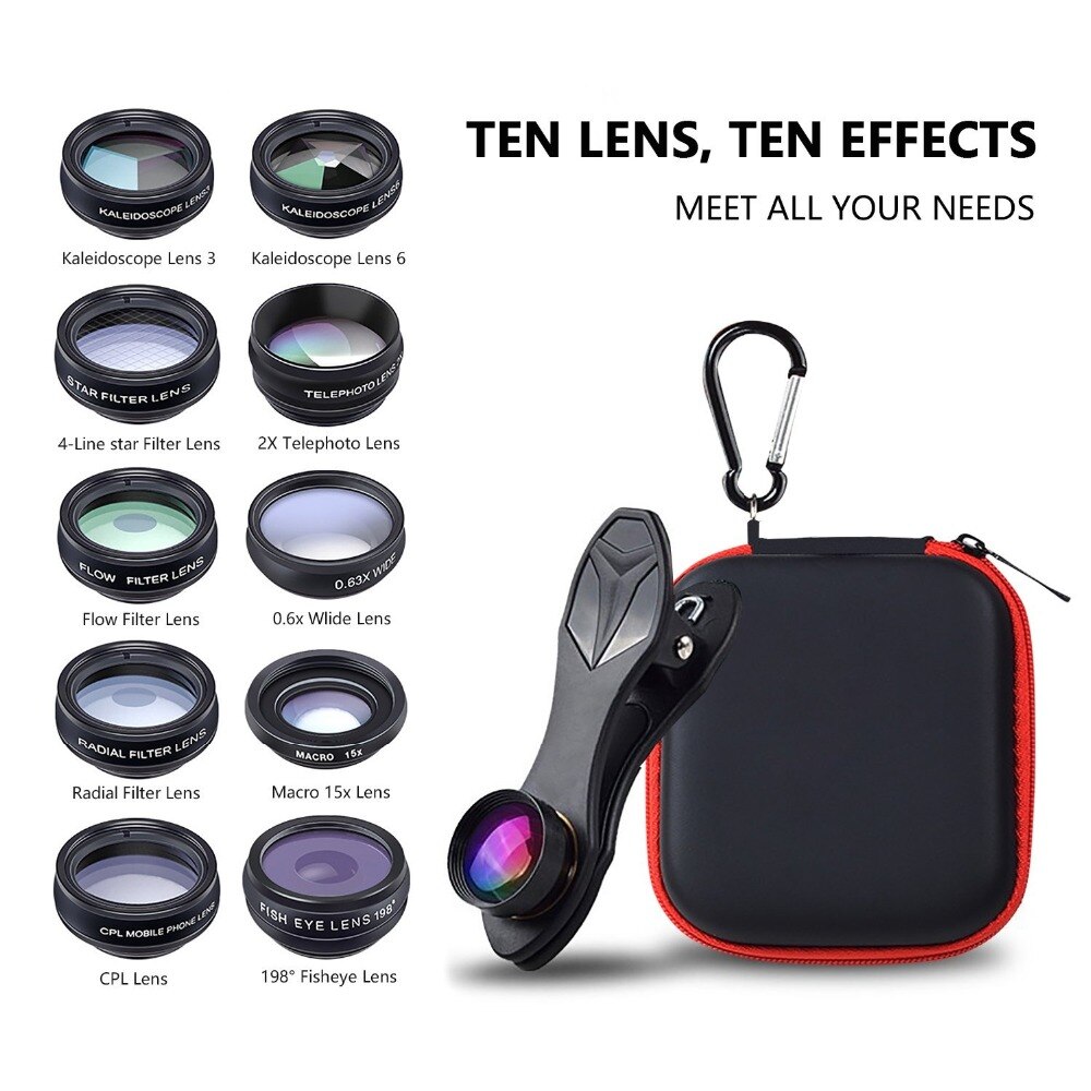 10in1 Phone Camera Lens Kit Fisheye Wide Angle Telescope Macro Mobile Lenses For iPhone Samsung Redmi 7 Huawei Cell Phone