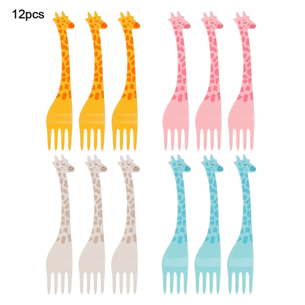 Fourchette à fruits girafe Mini dessin animé enfants Snack gâteau Dessert en plastique cure-dents salade enfants vaisselle décor 12 pièces/ensemble