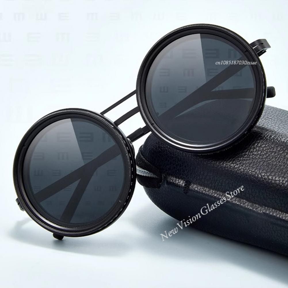 Gafas polarizadas redondas para hombres y mujeres, gafas de sol ajustables de 1-9 velocidades con lentes de filtro ND, gafas retro anchas