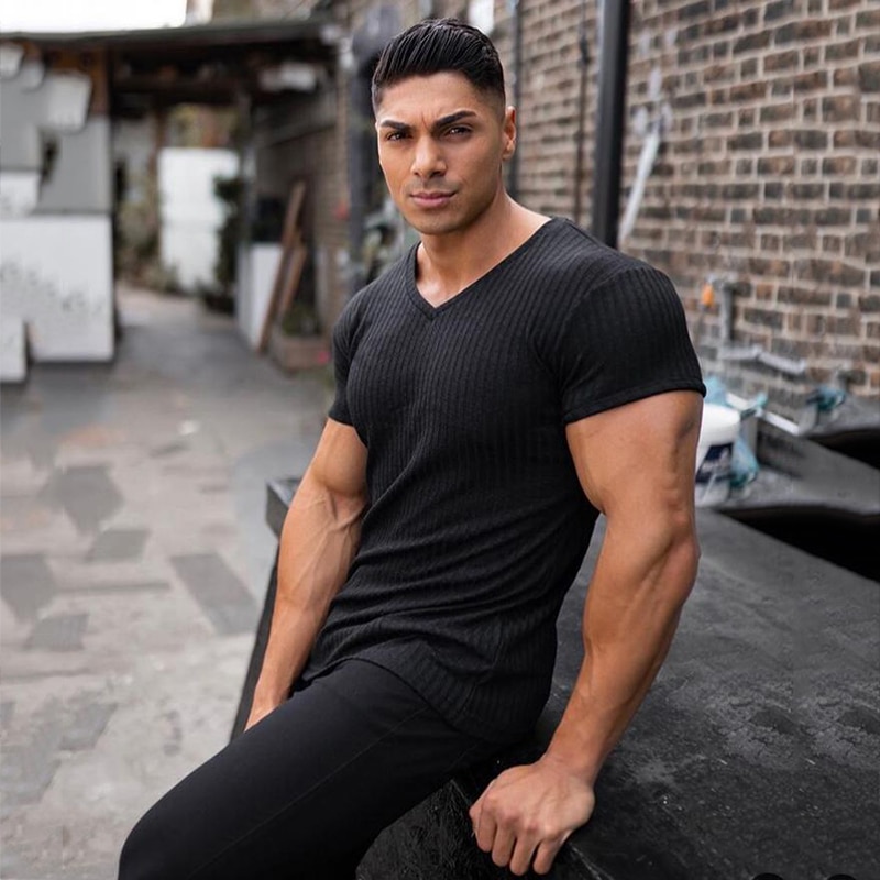 Zomer hardloopshirt met v-hals en korte mouwen, gebreid t-shirt voor heren, sportshirt, slim fit t-shirt, fitness, bodybuilding, trainingskleding