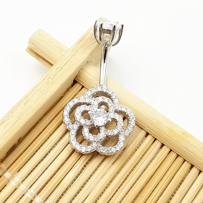 Hellolook 925 sterling silver navel piercing rose flower belly button rings for women anti-allergy navel ring body jewelry