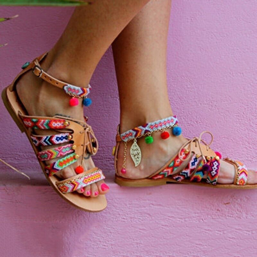 Zapatos bohemios de encaje sandalias de gladiador para niñas sandalias de cuero para mujer Sandalias Zapatos bajos para mujeres informales con correa y hebilla