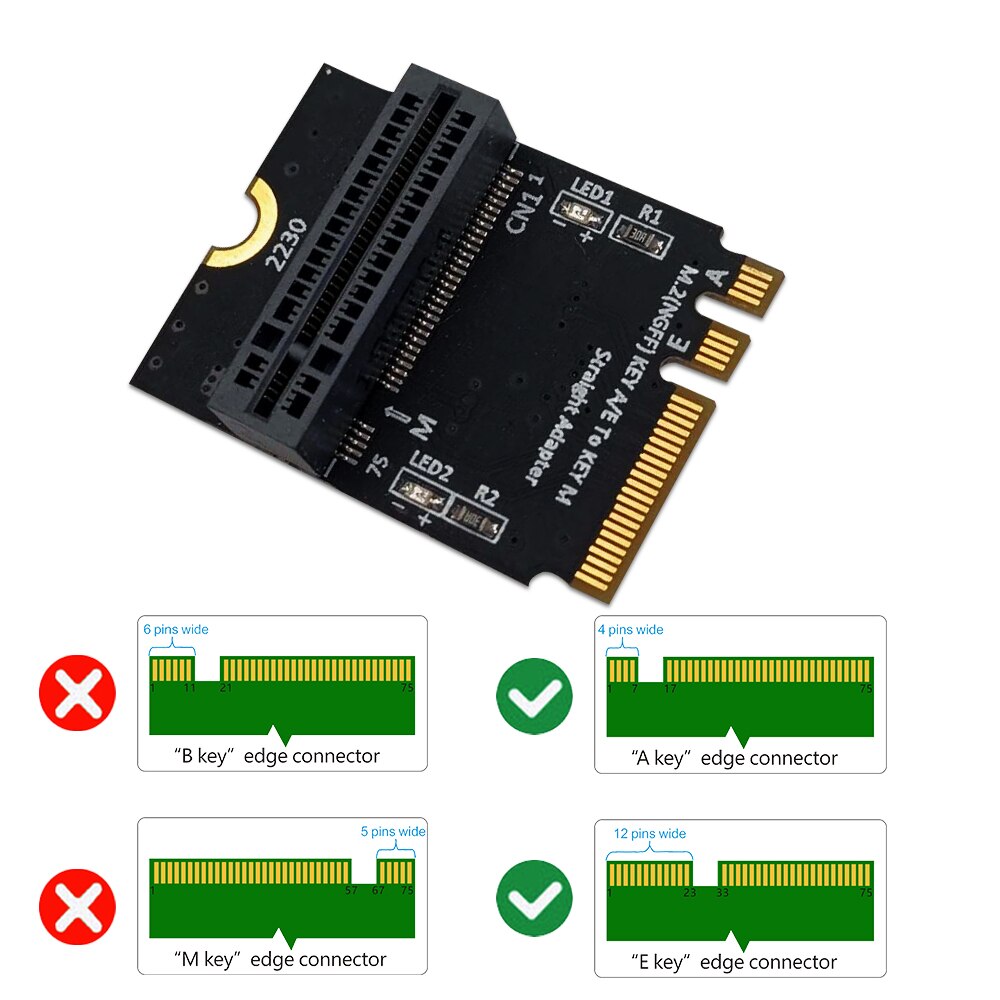 Adaptador Añadir en la tarjeta M.2 NVME SSD PCIE M2 NGFF Key M A M.2 Key A/E, instalación Vertical para tarjeta elevadora 2280 M2 NVME SSD