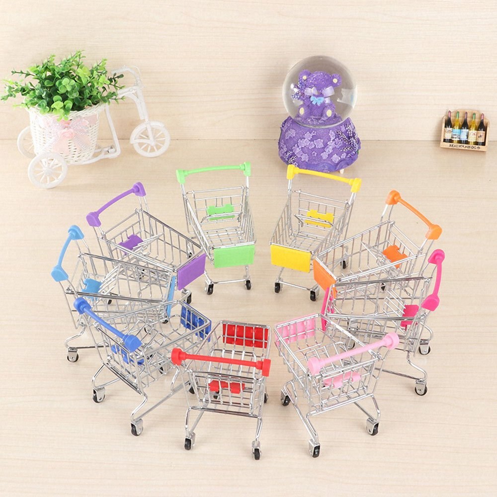 Mini Stainless Steel Handcart Supermarket Shopping Cart Mode Storage Toy Phone Food Holder Cute for Kids Desktop Decoration