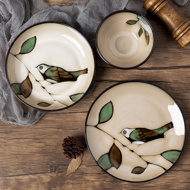 Vintage Handpainted Bird Plates Underglaze Ceramic Dinner Serving Dishes Salad Rice Soup Bowls Kitchen Dinnerware Microwave Safe