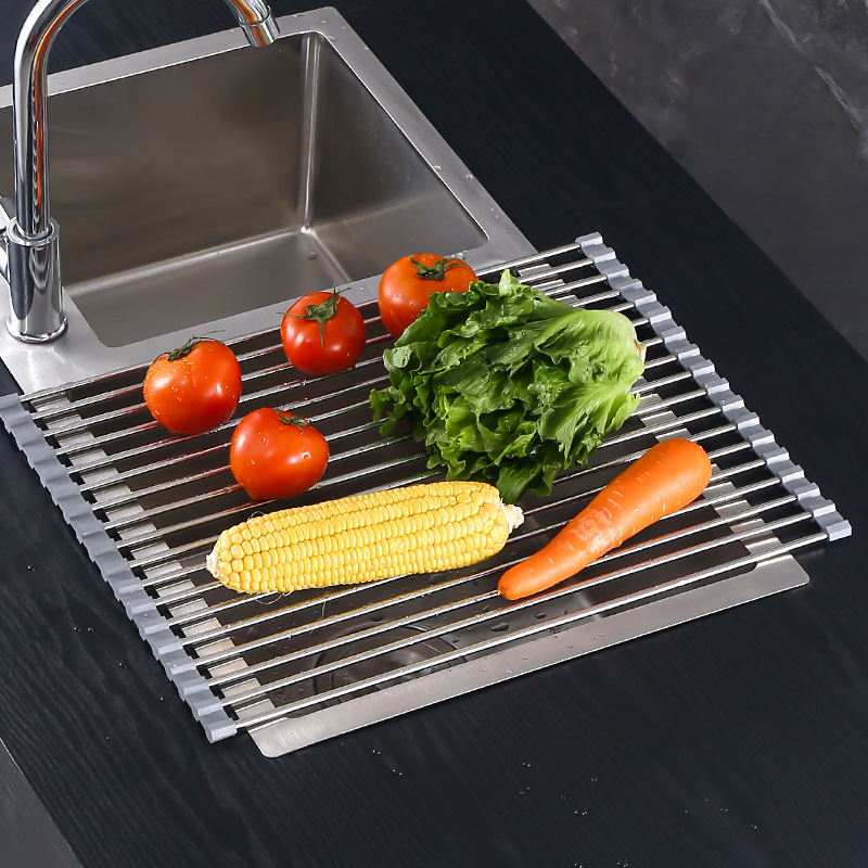 Évier de cuisine, étagère de séchage de la vaisselle, égouttoir à légumes enroulable en acier inoxydable, antirouille, facile à nettoyer, accessoire de cuisine