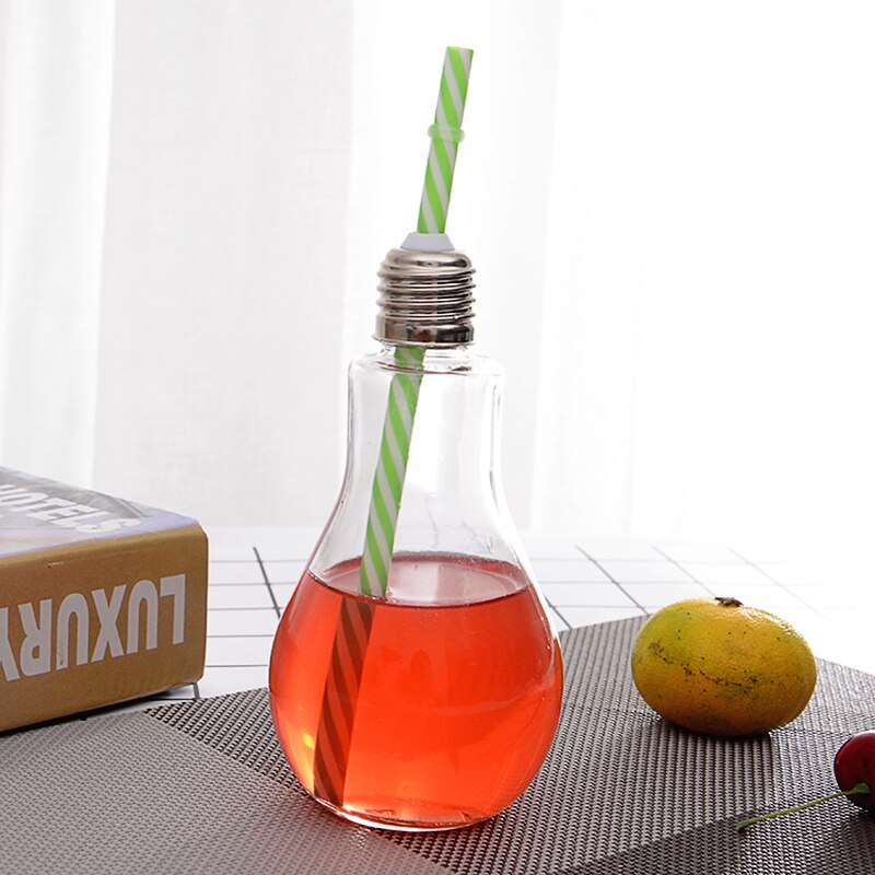 300ml Light Bulb Straw Mug Individual Juice Coke Cup Light Bulb Shape Transparent Mug With Straw Ball Cup Student