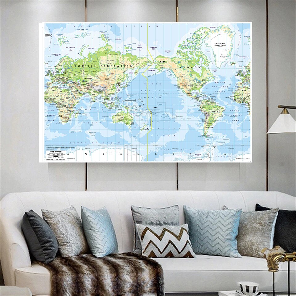 225*150cm The World terrain Map Large Wall Art Poster Non-woven Canvas Painting Kids School Supplies Classroom Home Decor