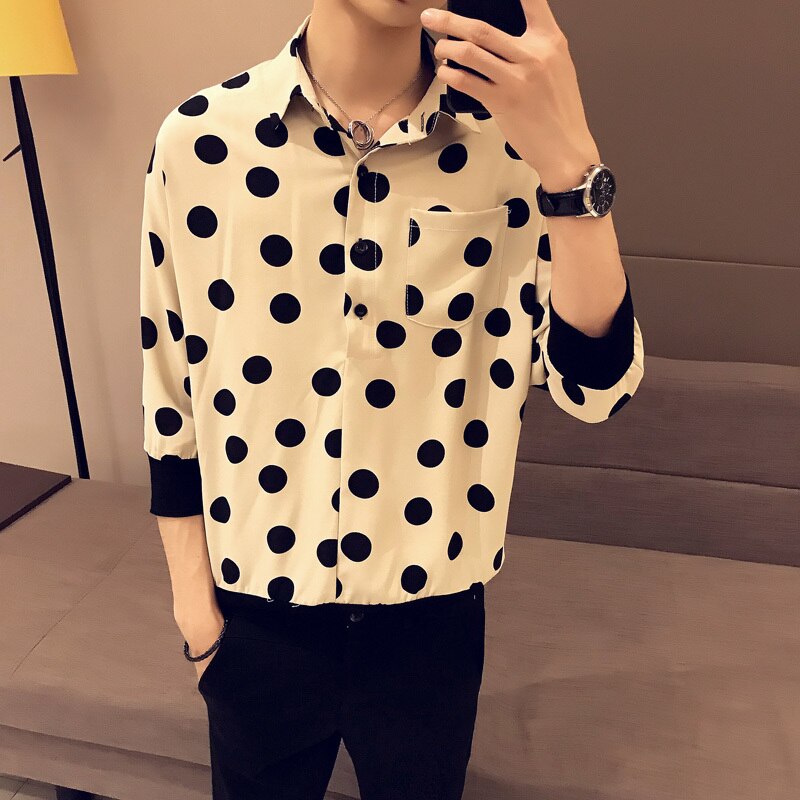 Summer Dress Shirt Men Slim Dot Print Sleeves Casual Shirt Man Streetwear British Wind Loose Short-sleeved Shirt