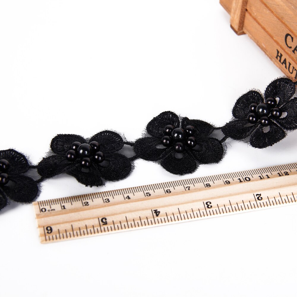 Ruban brodé perles noires avec bordure en dentelle fleur | Accessoire de couture, ruban décoratif pour mariage, 1Yc2475: 1056279008