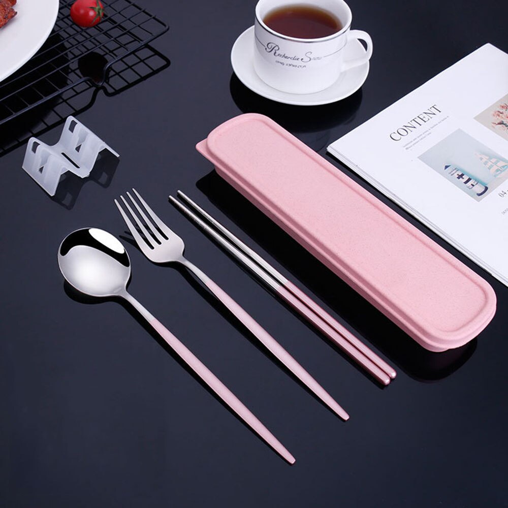 3 Pcs Roestvrij Stalen Bestek Vork Lepel Eetstokjes Driedelig Pak Student Reizen Opbergdoos Draagbare Servies: Silver Pink