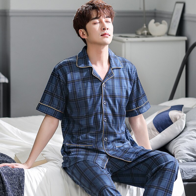 Hel bomulls pijamas för män 2 delar lounge nattkläder pyjamas rutig sommar sänglinne hem kläder man pjs big yards pyjamas set