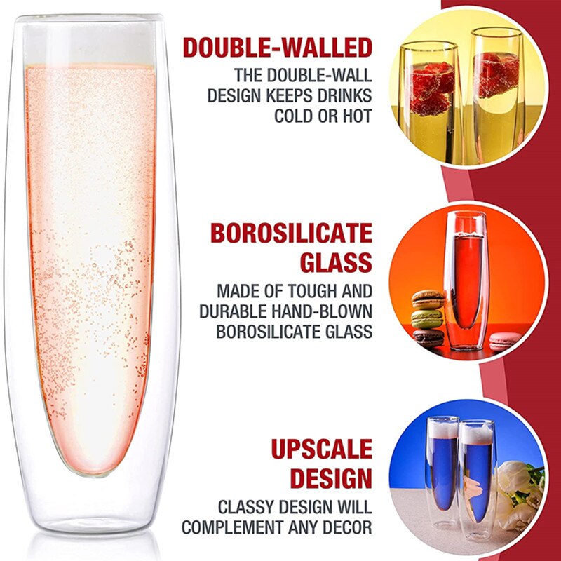 150Ml Champagne Glazen Set Stemless Mousserende Wijn Bril Transparant Double Wall Wijn Fluit Glas Cup Voor Party