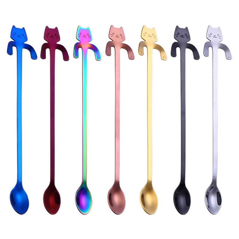 Regenboog Stalen Kitty Uitdrukking Cafe Koffie Mix Ijs Lepel Lange Leuke Kat Drinken Thee Melk Mixer Scoop Metalen Kitten theelepel