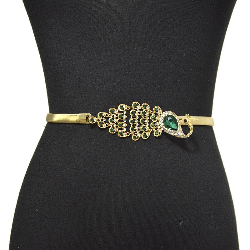 Peacock Elastic Narrow Luxury Gold Metal Belt for Dresses Golden Belt for Woman Female High Waist Waistband jewel