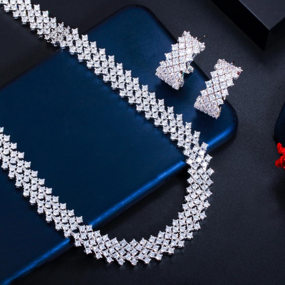 CWWZircons – ensemble de bijoux pour femme, magnifique collier et boucles d&#39;oreilles en zircon cubique, couleur or Rose, T490, 5 couches